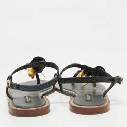 Pre Owned Dolce & Gabbana Black Lizard Embossed Leather Embellished Thong Flats Size 38.5