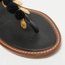 Pre Owned Dolce & Gabbana Black Lizard Embossed Leather Embellished Thong Flats Size 38.5