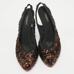 Pre Owned Dolce & Gabbana Black/Brown Sequins Slingback Pumps Size 37.5