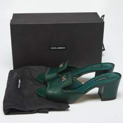 Pre Owned Dolce & Gabbana Dark Green Lizard Embossed Leather Logo Slide Sandals Size 40.5