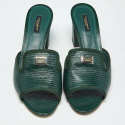 Pre Owned Dolce & Gabbana Dark Green Lizard Embossed Leather Logo Slide Sandals Size 40.5