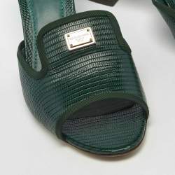 Pre Owned Dolce & Gabbana Dark Green Lizard Embossed Leather Logo Slide Sandals Size 40.5