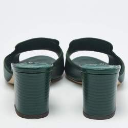 Pre Owned Dolce & Gabbana Dark Green Lizard Embossed Leather Logo Slide Sandals Size 40.5
