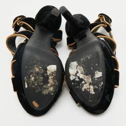 Pre Owned Dolce & Gabbana Black/Gold Velvet and Leather Crystal Embellished Platform Sandals Size 39