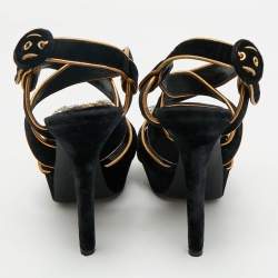 Pre Owned Dolce & Gabbana Black/Gold Velvet and Leather Crystal Embellished Platform Sandals Size 39