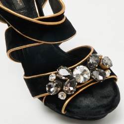 Pre Owned Dolce & Gabbana Black/Gold Velvet and Leather Crystal Embellished Platform Sandals Size 39