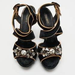 Pre Owned Dolce & Gabbana Black/Gold Velvet and Leather Crystal Embellished Platform Sandals Size 39