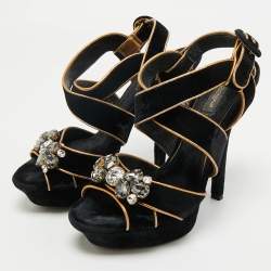 Pre Owned Dolce & Gabbana Black/Gold Velvet and Leather Crystal Embellished Platform Sandals Size 39