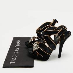 Pre Owned Dolce & Gabbana Black/Gold Velvet and Leather Crystal Embellished Platform Sandals Size 39