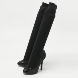Pre Owned Dolce & Gabbana Black Sequin Platform Sock High Pumps Size 35