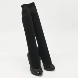 Pre Owned Dolce & Gabbana Black Sequin Platform Sock High Pumps Size 35