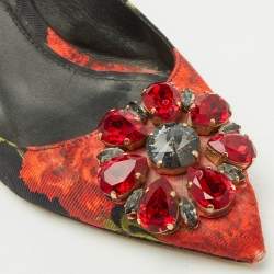 Pre Owned Dolce & Gabbana Black Brocade Floral Fabric Crystal Embellished Slingback Pumps Size 39.5