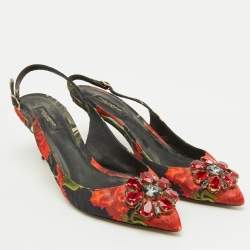 Pre Owned Dolce & Gabbana Black Brocade Floral Fabric Crystal Embellished Slingback Pumps Size 39.5