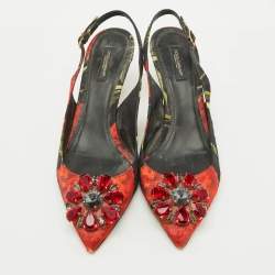 Pre Owned Dolce & Gabbana Black Brocade Floral Fabric Crystal Embellished Slingback Pumps Size 39.5