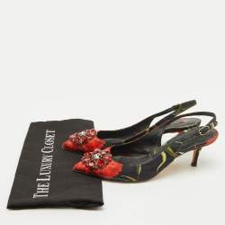 Pre Owned Dolce & Gabbana Black Brocade Floral Fabric Crystal Embellished Slingback Pumps Size 39.5