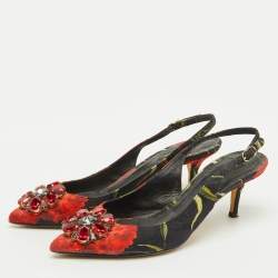 Pre Owned Dolce & Gabbana Black Brocade Floral Fabric Crystal Embellished Slingback Pumps Size 39.5