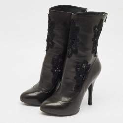 Pre Owned Dolce & Gabbana Black Leather and Lace Mid Calf Boots Size 37