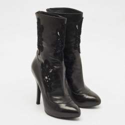Pre Owned Dolce & Gabbana Black Leather and Lace Mid Calf Boots Size 37