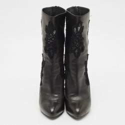 Pre Owned Dolce & Gabbana Black Leather and Lace Mid Calf Boots Size 37