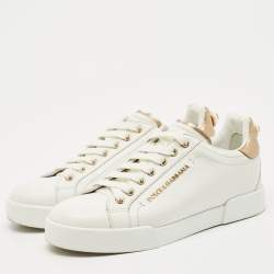 Pre Owned Dolce & Gabbana White Leather Pearl Embellished Portofino Sneakers Size 37