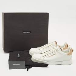 Pre Owned Dolce & Gabbana White Leather Pearl Embellished Portofino Sneakers Size 37
