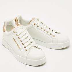 Pre Owned Dolce & Gabbana White Leather Pearl Embellished Portofino Sneakers Size 37