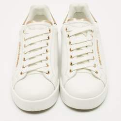 Pre Owned Dolce & Gabbana White Leather Pearl Embellished Portofino Sneakers Size 37