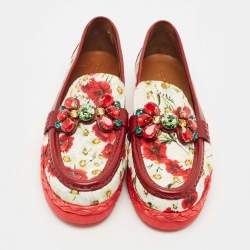 Pre Owned Dolce & Gabbana Red Floral Print Canvas and Leather Palermo Loafers Size 41
