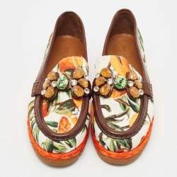 Pre Owned Dolce & Gabbana Multicolor Floral Print Canvas and Leather Palermo Crystals Loafers Size 39