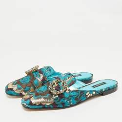 Pre Owned صندل دولتشي أند غابانا مسطح مزين بالكريستال قماش بروكيد أزرق/بني مقاس 38