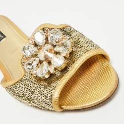 Pre Owned Dolce & Gabbana Gold Sequins and Leather Sofia Crystal Embellished Slide Flat Sandals Size 38.5