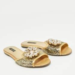 Pre Owned Dolce & Gabbana Gold Sequins and Leather Sofia Crystal Embellished Slide Flat Sandals Size 38.5