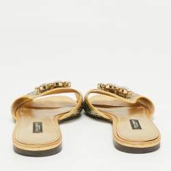 Pre Owned Dolce & Gabbana Gold Sequins and Leather Sofia Crystal Embellished Slide Flat Sandals Size 38.5