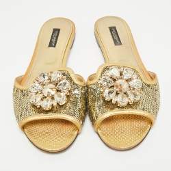 Pre Owned Dolce & Gabbana Gold Sequins and Leather Sofia Crystal Embellished Slide Flat Sandals Size 38.5