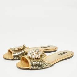Pre Owned Dolce & Gabbana Gold Sequins and Leather Sofia Crystal Embellished Slide Flat Sandals Size 38.5