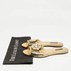 Pre Owned Dolce & Gabbana Gold Sequins and Leather Sofia Crystal Embellished Slide Flat Sandals Size 38.5