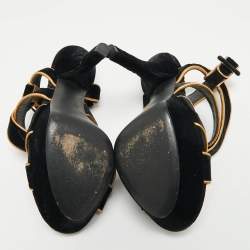 Pre Owned Dolce & Gabbana Black/Gold Velvet and Leather Crystal Embellished Platform Sandals Size 38.5