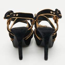 Pre Owned Dolce & Gabbana Black/Gold Velvet and Leather Crystal Embellished Platform Sandals Size 38.5
