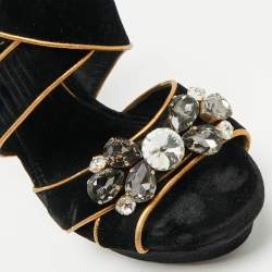 Pre Owned Dolce & Gabbana Black/Gold Velvet and Leather Crystal Embellished Platform Sandals Size 38.5