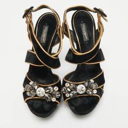 Pre Owned Dolce & Gabbana Black/Gold Velvet and Leather Crystal Embellished Platform Sandals Size 38.5