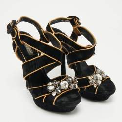 Pre Owned Dolce & Gabbana Black/Gold Velvet and Leather Crystal Embellished Platform Sandals Size 38.5
