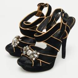 Pre Owned Dolce & Gabbana Black/Gold Velvet and Leather Crystal Embellished Platform Sandals Size 38.5