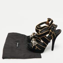 Pre Owned Dolce & Gabbana Black/Gold Velvet and Leather Crystal Embellished Platform Sandals Size 38.5