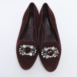 Pre Owned Dolce & Gabbana Brown Suede Crystal Embellished Smoking Slippers Size 37