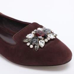 Pre Owned Dolce & Gabbana Brown Suede Crystal Embellished Smoking Slippers Size 37