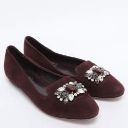 Pre Owned Dolce & Gabbana Brown Suede Crystal Embellished Smoking Slippers Size 37
