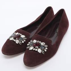 Pre Owned Dolce & Gabbana Brown Suede Crystal Embellished Smoking Slippers Size 37