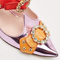 Pre Owned Dolce & Gabbana Tricolor Leather Crystal Embellished Buckle Detail Ankle Strap Mules Size 40