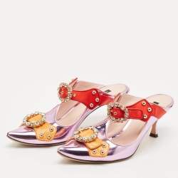 Pre Owned Dolce & Gabbana Tricolor Leather Crystal Embellished Buckle Detail Ankle Strap Mules Size 40