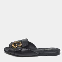 Dolce & Gabbana Black Leather Embellished DG Amore Flat